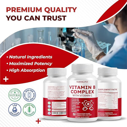 Vitamin B Complex Vitamin B1, B2, 6,9,12 Niacin, with Vitamin C - Support Brain Health, Energy Levels, Skin, Hair, and Nails - Made and Tested in The USA