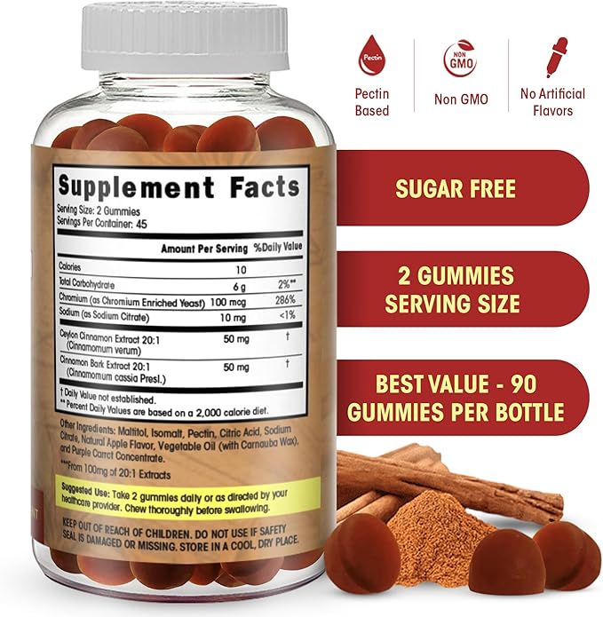 Sugar Free Ceylon Cinnamon Gummies Sugar Regulation, Neuroprotective- Supplement with Chromium and Cinnamon Bark- Alternative to Cinnamon Capsules - 90 Chews