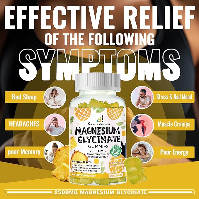 Magnesium Glycinate Gummies 2500mg - Sugar Free Magnesium Potassium Supplement with Vitamin D, B6, CoQ10 for Calm Mood & Sleep Support - 90 Pineapple Gummies