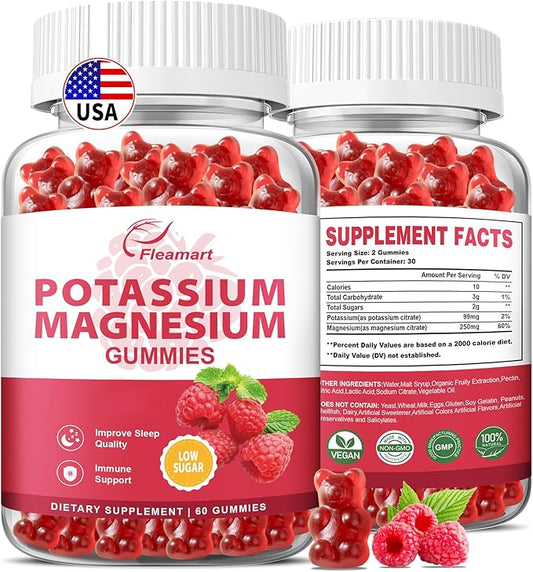 Potassium Magnesium Gummies Potassium Citrate 99mg Magnesium Citrate 250mg Magnesium Potassium Complex Supplement, Immune Support, 60 Raspberry Gummies