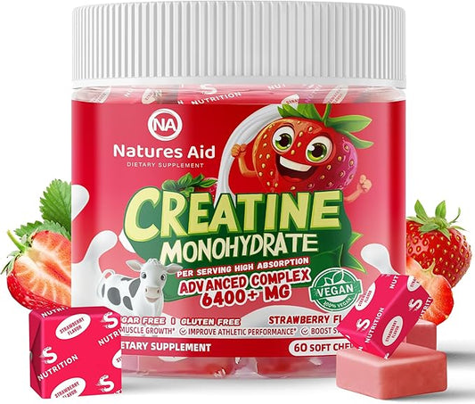 Creatine Monohydrate Chews Complex for Men & Women -Advanced Formula W/L-Taurine + Vitamin B12, Sugar Free Chewable Supplement,60 Strawberry Softchews.