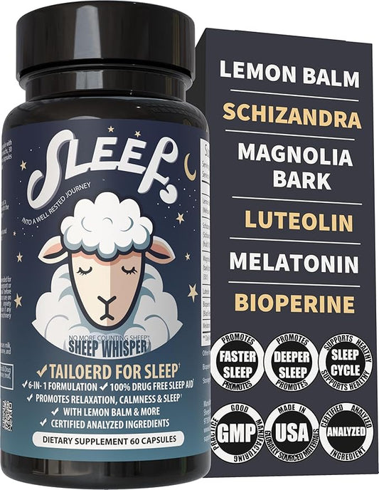 Natural Sleep Aid Tailored for Sleep – Melatonin, Lemon Balm, Magnolia Bark, Schizandra, Luteolin | Promotes Quick Sleep, Deeper Sleep, Fewer Night Awakenings, Non-Habit Forming, 60 Caps