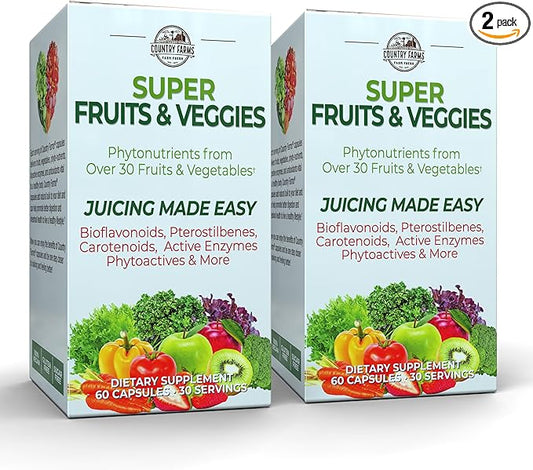 COUNTRY FARMS Super Fruits and Veggies Capsules, Whole Food Supplement, Powerful Antioxidant, Supports Energy, Immune Health, Boosts Digestive Health, 30 Organic Super Foods, 60 Servings, 2 Pack