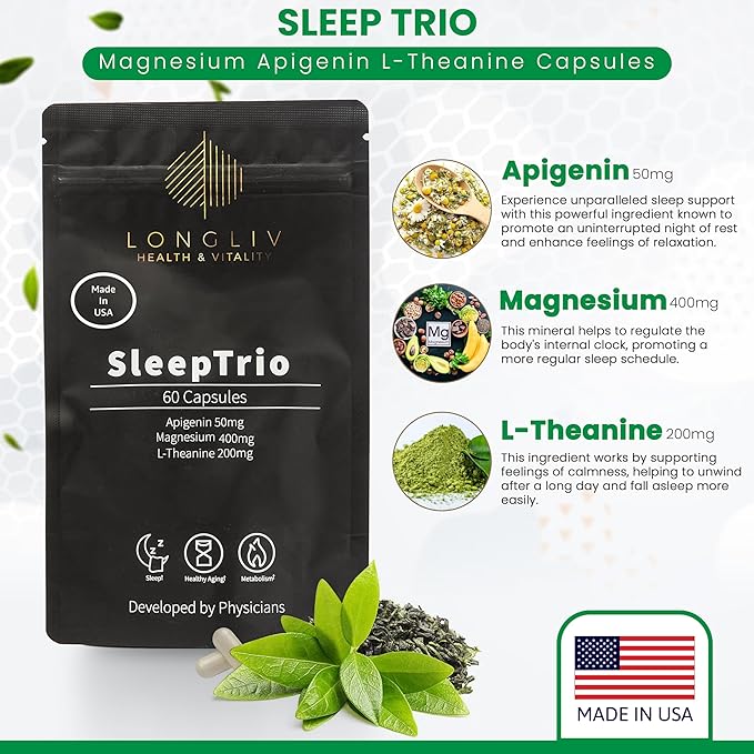 Sleep Trio - Made in USA Magnesium Apigenin L-Theanine Capsules – Premium 3-in-1 Cocktail for Sleep Management - Sleep Cocktail – Without Melatonin - 60 Capsules
