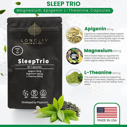 Sleep Trio - Made in USA Magnesium Apigenin L-Theanine Capsules – Premium 3-in-1 Cocktail for Sleep Management - Sleep Cocktail – Without Melatonin - 60 Capsules