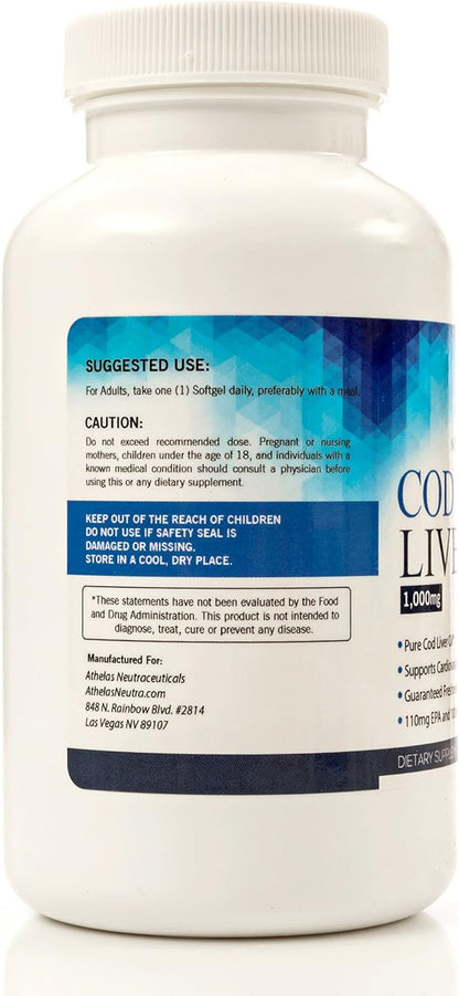 Cod Liver Oil Capsules - Premium Certified Pure and Fresh - Triple Strength - Heart Healthy - 120 Softgels - Natural Supplement - 240mg of Omega 3 Fatty Acids - No Fishy Taste!