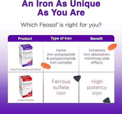 Feosol Complete Iron Supplement Caplets, Bifera Iron for High Absorption, Heme and Non-Heme Dual Action Minimizes Side Effects, 1 Per Day, for Energy and Immune System Support, 30 Count (Pack of 36)