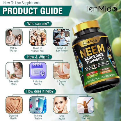 Neem Leaf Supplement - 8in1 Formula - Combine with Berberine, Turmeric, Holy Basil, Amla, Artichoke, Milk Thistle, and Black Pepper - Immune Support - 120 Capsules for 4 Months Supply