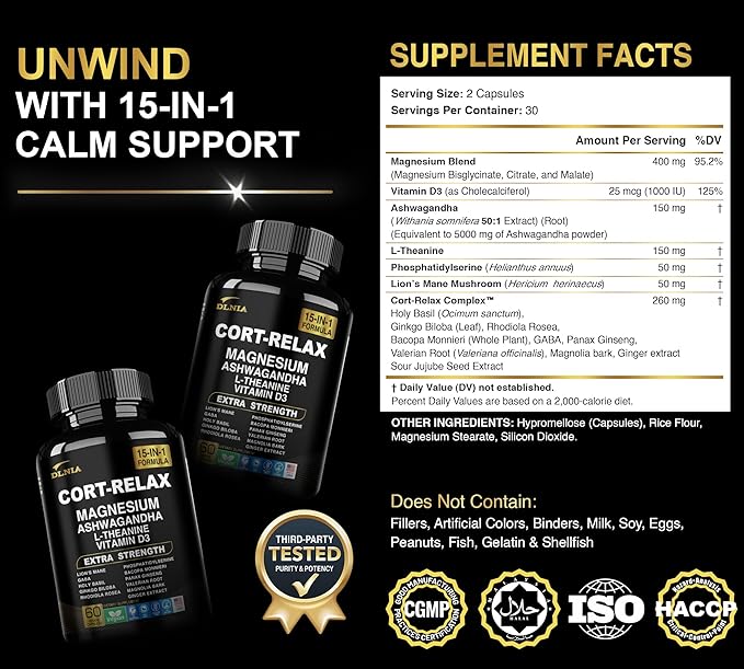 Super Calm Cortisol Supplement with Magnesium Glycinate, Ashwagandha, L-Theanine, Phosphatidylserine, Ginkgo Biloba & Lions Mane for Calm, Focus, Mental Clarity, Relaxation, Sleep, Energy
