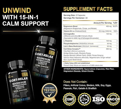 Super Calm Cortisol Supplement with Magnesium Glycinate, Ashwagandha, L-Theanine, Phosphatidylserine, Ginkgo Biloba & Lions Mane for Calm, Focus, Mental Clarity, Relaxation, Sleep, Energy