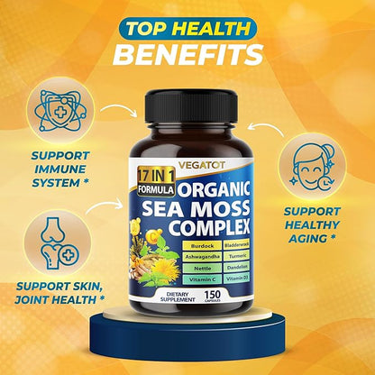 Organic Sea Moss with Bladderwrack, Burdock, Ashwagandha, and Turmeric - Immunity Booster for Healthy Aging, Skin & Joint Support- Made in The USA (150 Count (Pack of 1))