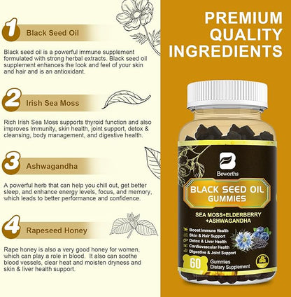 Black Seed Oil & Sea Moss Gummies, Organic Irish Sea Moss Gummies with Ashwagandha, Black Seed Oil, Elderberry, Turmeric, Vitamin D3/C and Zinc - Support Joints, Digestion, Hair & Skin