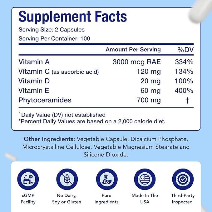 Extra Strength Phytoceramides Supplement | Wheat and Gluten Free Plant Based Ceramides Supplement with A C D E Skin Vitamins for Women | Hydrating Skin Care Capsules for Women (100 Day Supply)
