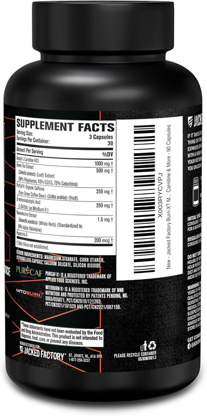 Jacked Factory Burn-XT Max - High-Performance Thermogenic Fat Burner & Appetite Suppressant for Weight Loss w/PurCaf Organic Caffeine, MitoBurn, Green Tea, Acetyl L Carnitine & More - 90 Capsules