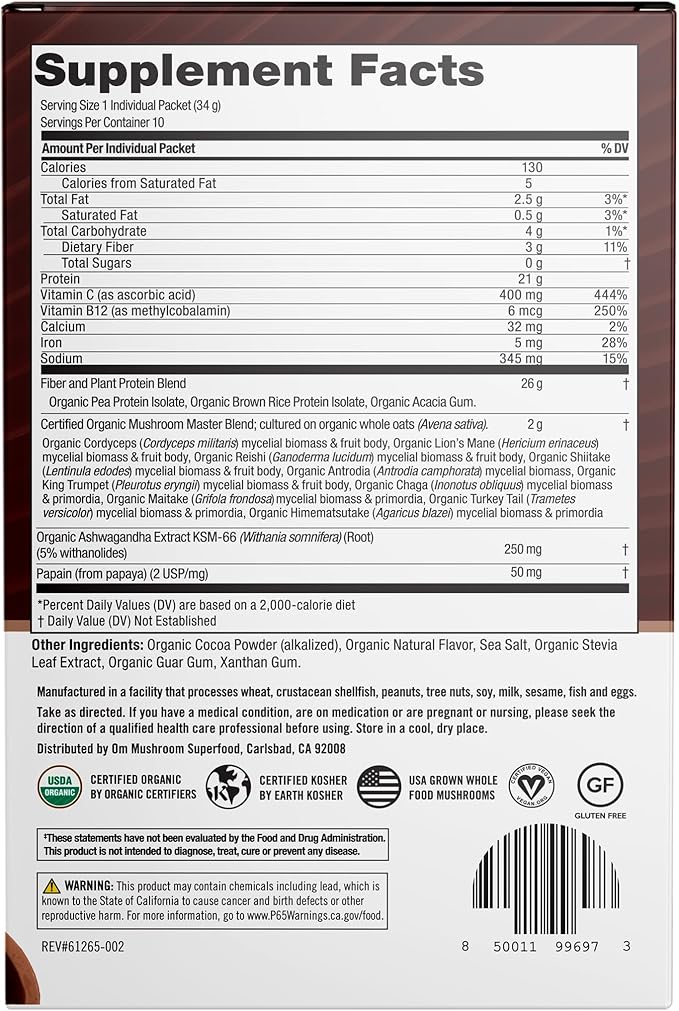 OM Mushroom Superfood Master Blend Mushrooms & Adaptogens, Creamy Chocolate Plant Protein, Single Serve, 10 Count, 10 Mushroom Complex, Lion's Mane, Ashwagandha for Energy, Recovery, Stress Relief