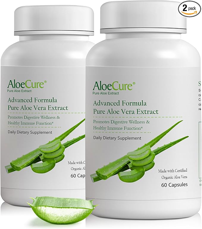 AloeCure Organic Aloe Vera Capsules, 130,000mg Inner Aloe Leaf Equivelant per Serving, Support Gut, Digestive, & Immune Health, Helps Maintain Balanced Stomach Acidity, Aloin Free, 60Caps x 2Btl