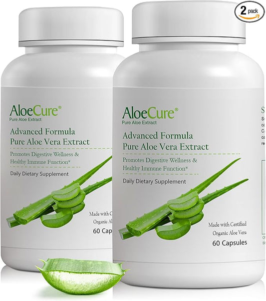 AloeCure Organic Aloe Vera Capsules, 130,000mg Inner Aloe Leaf Equivelant per Serving, Support Gut, Digestive, & Immune Health, Helps Maintain Balanced Stomach Acidity, Aloin Free, 60Caps x 2Btl