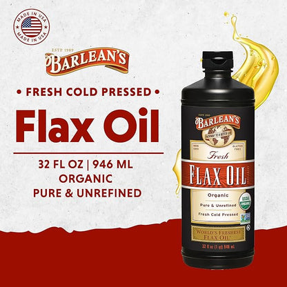 Barlean's Organic Flaxseed Oil Liquid, Cold Press Flax Seeds, 7,640mg ALA Omega 3 Fatty Acid Supplement for Joint and Heart Health & Healthy Digestion, 32 oz