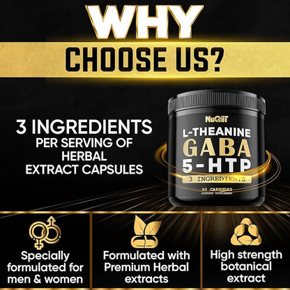3in1 GABA Supplements 750mg L-Theanine 200mg & 5-HTP (5-hydroxytryptophan) - Equivalent to 1000mg - Support Brain Health, Concentration, Comfortable Mood - 90 Capsules