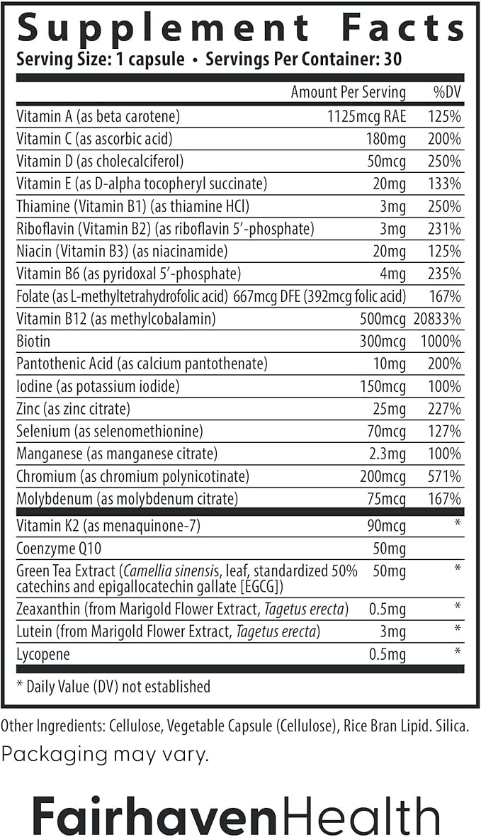 Fairhaven Health Womens Multivitamin Essentials | Once Daily Multivitamin for Women Support for Energy, Immune Health, Eye Health, Hormone Balance | Gluten, Dairy, Soy Free | Vegan | 30 Capsules