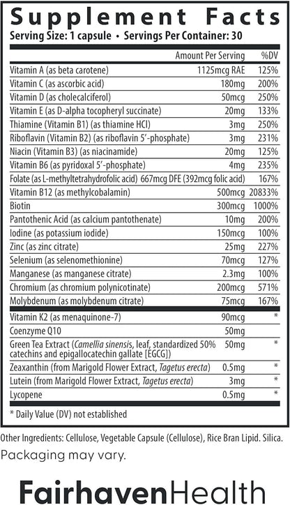 Fairhaven Health Womens Multivitamin Essentials | Once Daily Multivitamin for Women Support for Energy, Immune Health, Eye Health, Hormone Balance | Gluten, Dairy, Soy Free | Vegan | 30 Capsules