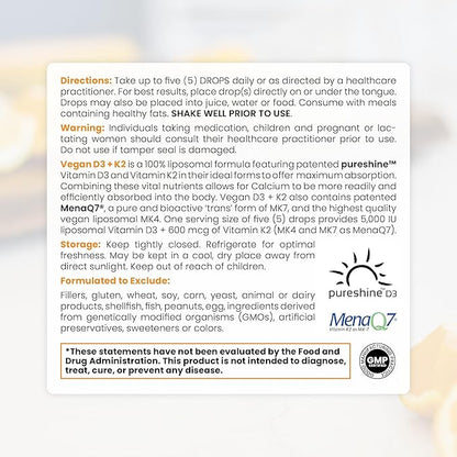 Pure TheraPro Rx Vegan D3 + K2 Organic 100% Liposomal 10ml Made in USA | 3 Month Supply | Maximum Absorption Vitamin D3 and Vitamin K2 Supplements for Men and Women, D3 Vitamin 5000 IU