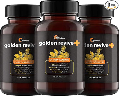 Golden Revive + Joint Support Supplement Featuring Turmeric with Black Pepper, Quercetin, and Magnesium- Turmeric Black Pepper Supplement - 6 Active Ingredients - 60 Capsules, 3 Pack