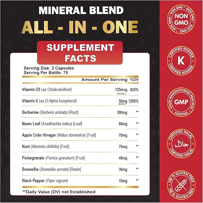 Organic Cadane Berberine Supplement 150 Capsules, with Neem Leaf, Apple Cider Vinegar, VIT D3, E & More - Berberine Extract 35:1- Support for Immune System, Digestion & Overall Health