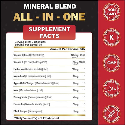 Organic Cadane Berberine Supplement 150 Capsules, with Neem Leaf, Apple Cider Vinegar, VIT D3, E & More - Berberine Extract 35:1- Support for Immune System, Digestion & Overall Health