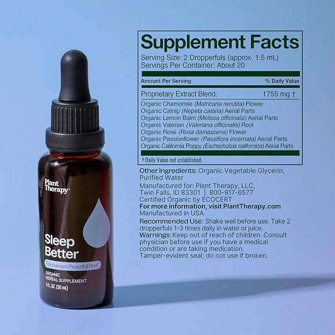 Plant Therapy Organic Sleep Better Tincture 30 mL (1 oz) Supports Relaxation & Sleep, Helps Calm a Busy Mind, with Chamomile, Lemon Balm & Valerian Extracts