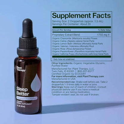 Plant Therapy Organic Sleep Better Tincture 30 mL (1 oz) Supports Relaxation & Sleep, Helps Calm a Busy Mind, with Chamomile, Lemon Balm & Valerian Extracts