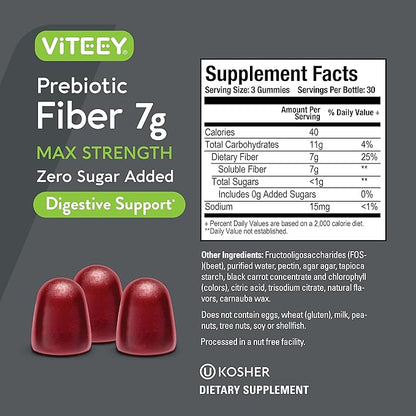 Prebiotic Fiber Gummies for Adults, 7g - Zero Sugar Added - Fiber Supplement Gummies for Digestive Health Regularity - Vegan, Gelatin Free - Chewable Fruit Flavored Gummy