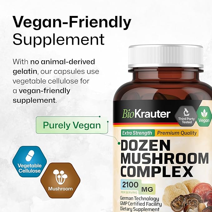 BIO KRAUTER Dozen Mushroom Complex Capsules 2100 mg Blend - 100 Vegan Caps - 12 Extracts in One Mushroom Supplement for Immune Support - Lions Mane, Reishi, Cordyceps