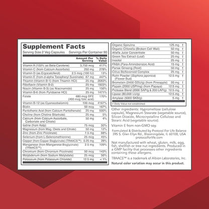 PROTOCOL FOR LIFE BALANCE Ortho Multi Greens - Multivitamin with Green Superfoods - with Vitamins C, B6, B12 & More - with Spirulina, Chlorella & Alfalfa - Iron Free - Non-GMO - 180 Veg Caps