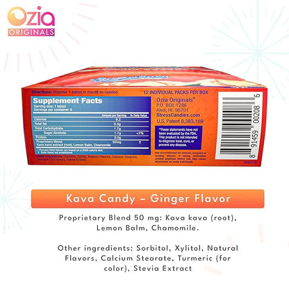 Ozia Originals Kava Kava Candy - 8 Kava Candies Per Pack, Kava Extract Stress Relief Supplement, Natural Kava Root Chill Happy Pill, Encourages Positive Mood - Ginger Mint Flavor, 1 Box (12 Packs)