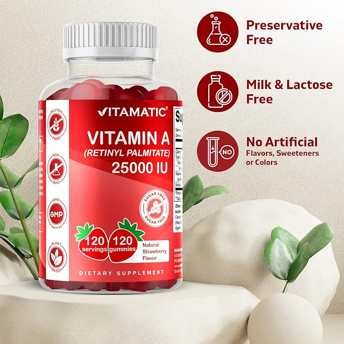 Vitamatic Sugar Free Vitamin A 25000 IU Gummies (Retinyl Palmitate) - Natural Strawberry Flavor - 120 Pectin Based Gummies (1 Bottle)
