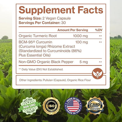 Organic Turmeric Curcumin with Black Pepper & BCM-95 - for Inflammatory Support, Brain & Immune Health - 60 Vegan Turmeric Capsules, 1000mg Per Serve - Herbal Curcumin Supplements