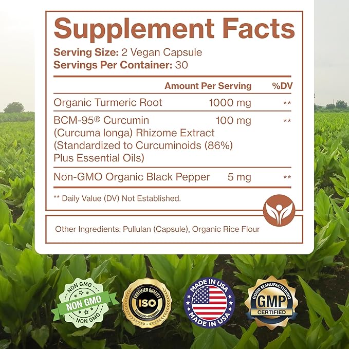 Organic Turmeric Curcumin with Black Pepper & BCM-95 - for Inflammatory Support, Brain & Immune Health - 60 Vegan Turmeric Capsules, 1000mg Per Serve - Herbal Curcumin Supplements