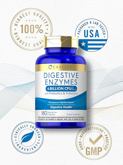 Carlyle Digestive Enzymes | with Probiotics & Prebiotics | 180 Capsules | Non-GMO and Gluten Free Supplement for Men & Women