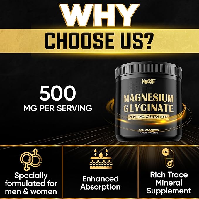 Magnesium Glycinate 500mg with 18% Pure Elemental Magnesium Compound Supplement - 180 Capsules - Powerful Benefits for Support Bone Health, Muscle Growth, Comfortable Mood & Heart Health