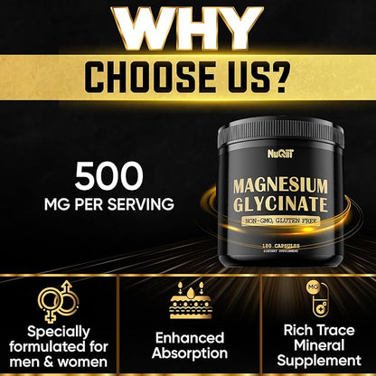Magnesium Glycinate 500mg with 18% Pure Elemental Magnesium Compound Supplement - 180 Capsules - Powerful Benefits for Support Bone Health, Muscle Growth, Comfortable Mood & Heart Health