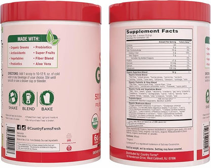 Country Farms Organic Super Greens Berry Flavor, 50 Organic Super Foods, Packed with Fiber, USDA Organic Drink Mix, Fruits, Vegetables, Mushrooms & Probiotics, Supports Energy, 5g Fiber