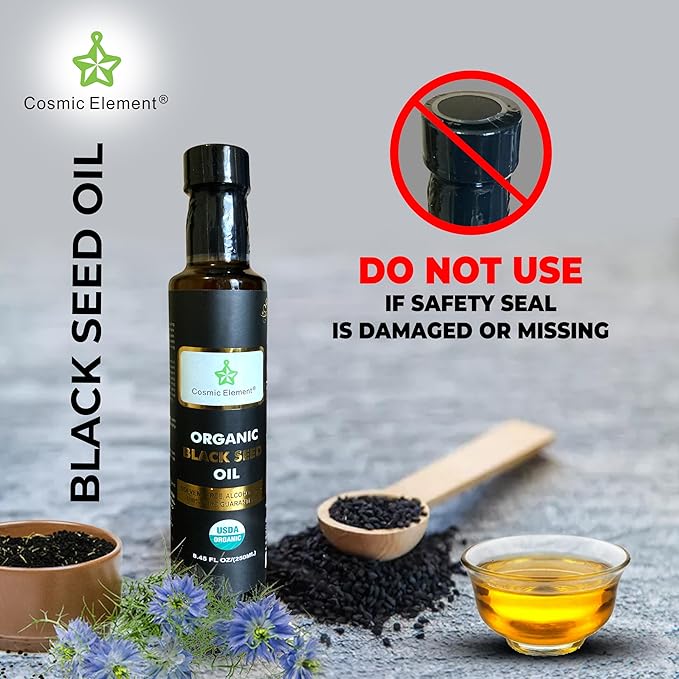 Cosmic Element Cold Pressed Black Seed Oil Organic - Omega 3 6 9 | Vegan Nigella Sativa Organic Black Cumin Seed Oil - Antioxidant for Immune Support, Joints, Digestion, Hair & Skin | 8.4 Fl Oz
