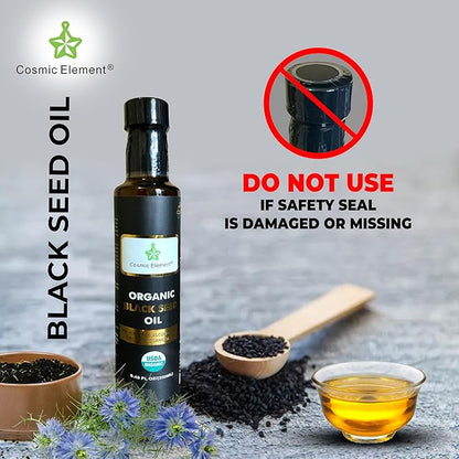 Cosmic Element Cold Pressed Black Seed Oil Organic - Omega 3 6 9 | Vegan Nigella Sativa Organic Black Cumin Seed Oil - Antioxidant for Immune Support, Joints, Digestion, Hair & Skin | 8.4 Fl Oz