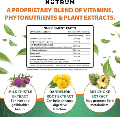 Liver Cleanse and Detox Health Support Supplement by Nutrum, Vegan Liver Formula, Natural Herbal Liver Renewal with Vitamin C, Milk Thistle, Support for Bad Breath, Acne, Low Energy, 60 Capsules