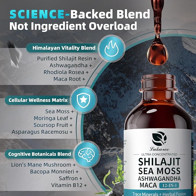 Shilajit Liquid Drops with Sea Moss, Ashwagandha, Maca, Fulvic Acid, Trace Minerals, 12-in-1 Liquid Vitamins Supplement for Men and Women, Energy, Antioxidant, Immune Support, 2 FL OZ