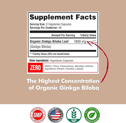 Ginkgo Biloba 1800mg, Ginkgo Biloba Organic, Memory & Brain Function Support, Improves Concentration and Cognitive Support, Clarity, 120 Veggie Caps, Non GMO, 120Caps