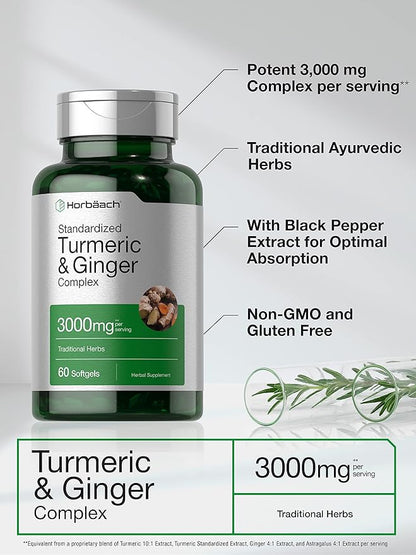 Horbäach Turmeric and Ginger Supplement 3000 mg | 60 Softgel Capsules | Turmeric Curcumin Complex with Black Pepper Extract | Non-GMO, Gluten Free
