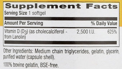 Country Life Vitamin D3 2500 I.U. Gluten-Free, 60 Softgels