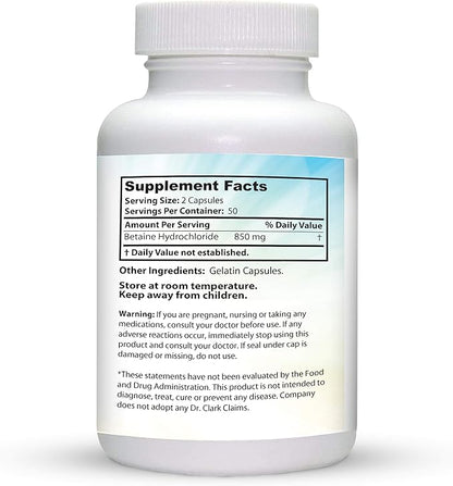Dr. Clark Betaine HCL Digestive Enzymes - Acid Reflux Medicine, Hydrochloric Acid Protein Supplement, Optimal Digestion Formula, 100 Gelatin Capsules, 425 mg